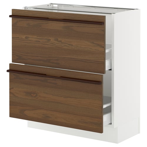 A white SEKTION kitchen cabinet with dark brown wooden drawers and metal handles. It has two full-extension drawers with a sleek, modern design.