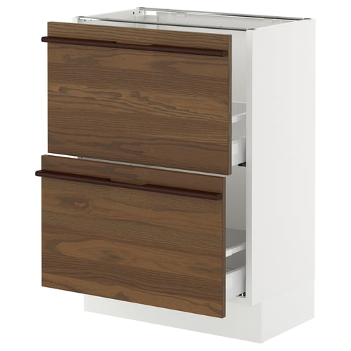 SEKTION kitchen cabinet in white & walnut wood grain with wooden handles.