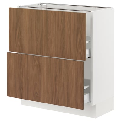 White & brown ikea SEKTION kitchen unit with modern walnut drawers & shelves