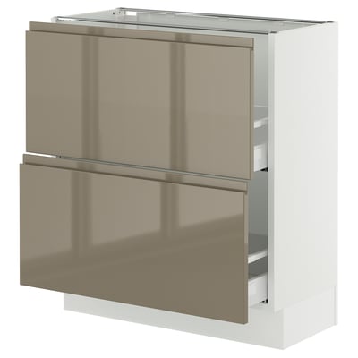 SEKTION kitchen unit, dark gray-brown glossy fronts, metal handles, square shape, sleek design.