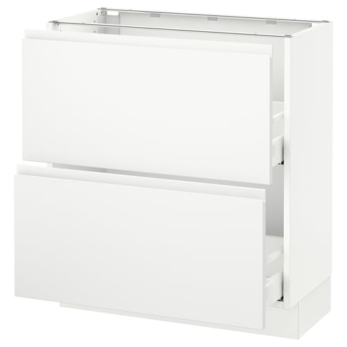 White kitchen cabinet with modern design, featuring sleek drawer fronts, sturdy construction, and smooth-running drawers.