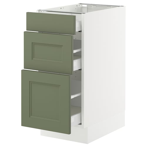 A SEKTION kitchen cabinet with three green-gray drawers, modern design.