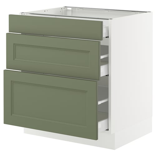 A green-colored, three-drawer kitchen cabinet from the SEKTION series. It has a modern design with smooth-running drawers and a sturdy frame.