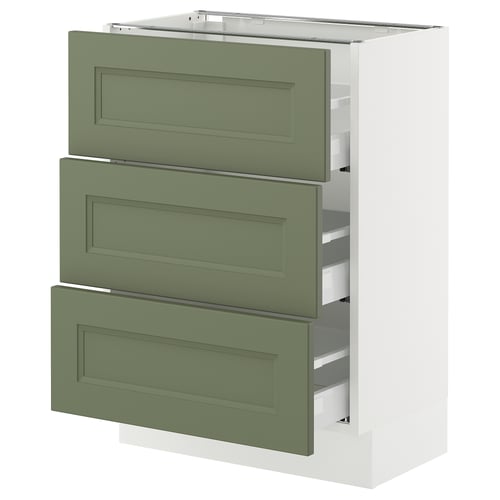 SEKTION kitchen unit in grey-green with three drawers and white frame.