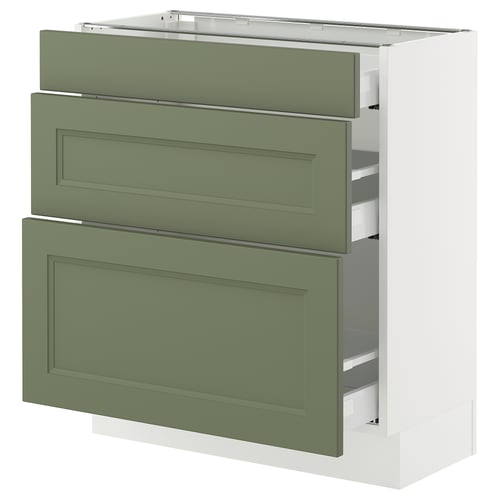 Ikea SEKTION kitchen unit in green with three drawers.