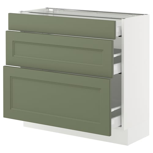 An ikea SEKTION kitchen cabinet in grey-green with three drawers, featuring a modern design with smooth-running drawers.