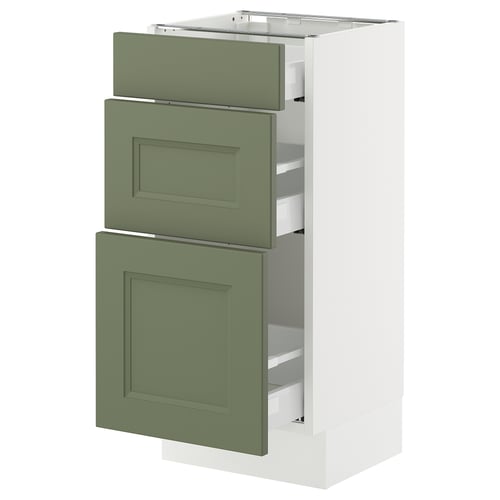 An ikea SEKTION kitchen cabinet with grey-green axstad fronts, including drawers and shelves, set against a white frame.