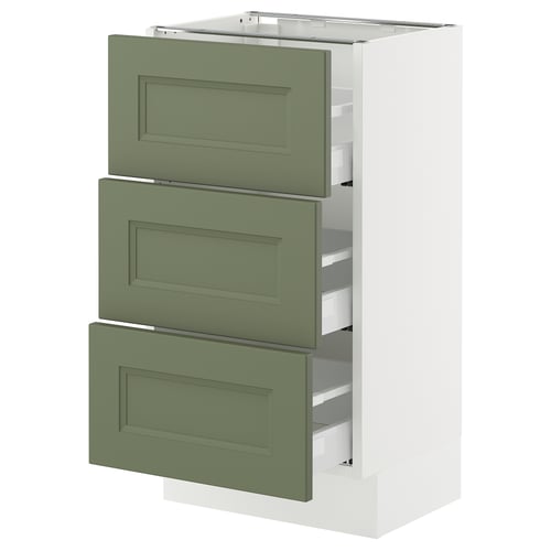 SEKTION kitchen unit in grey-green with three drawers and white frame.