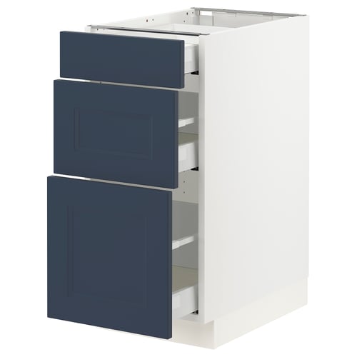 SEKTION kitchen cabinet in blue with three drawers, modern design, white frame.
