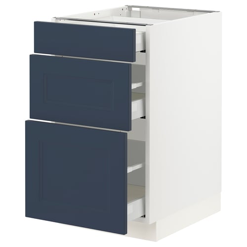 Modern kitchen cabinet in white and blue. Three drawers with sleek blue fronts and a sturdy white base.