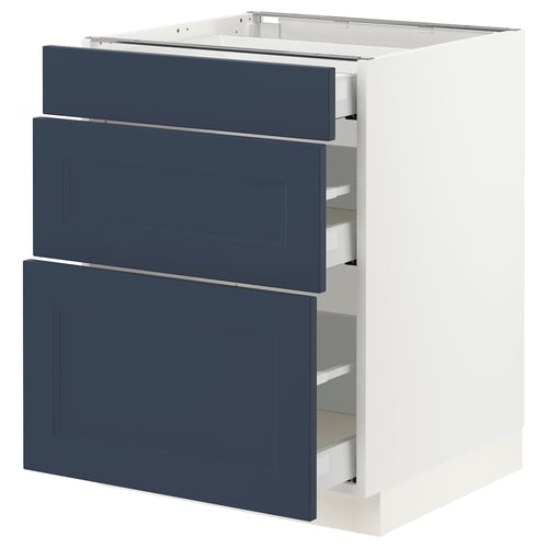 SEKTION blue kitchen cabinet with three drawers, sleek modern design.