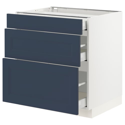 A blue ikea SEKTION kitchen cabinet with multiple drawers in a modern design.