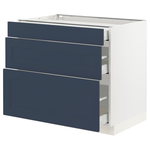 An ikea SEKTION kitchen cabinet in white with blue drawers, featuring a modern design with three drawers.