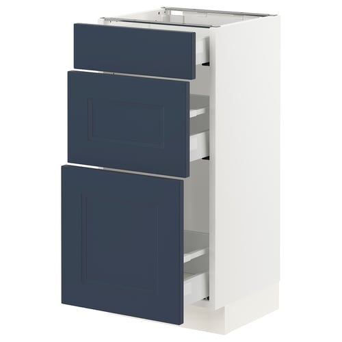 Ikea SEKTION blue kitchen cabinet with three drawers.