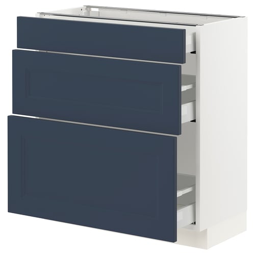 Ikea SEKTION blue kitchen cabinet, 3-drawer, modern design, white frame, smooth finish.
