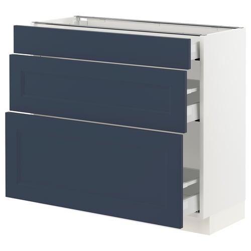 Blue SEKTION kitchen cabinet with 3 smooth drawers.
