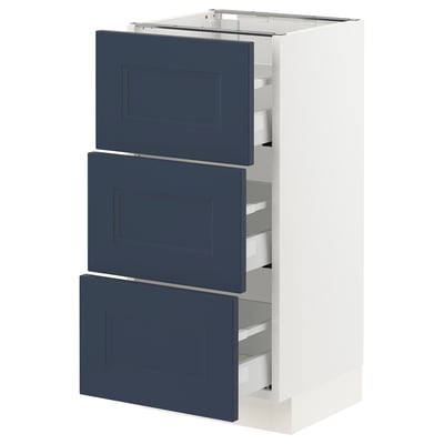 SEKTION kitchen cabinet; white, three blue drawers; modern, rectangular.