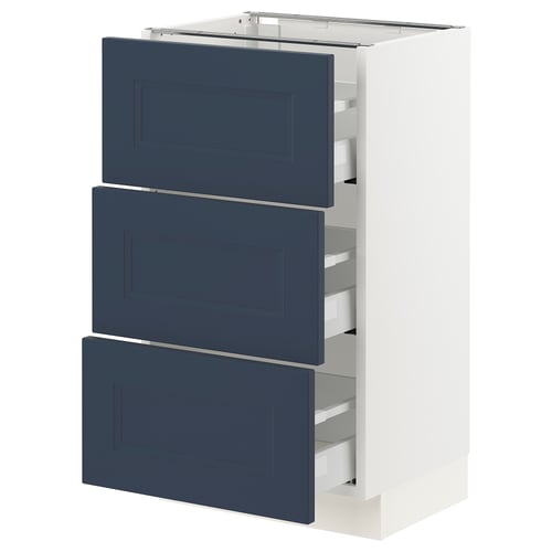 Modern kitchen cabinet, white with blue drawers, rectangular shape, sleek design.