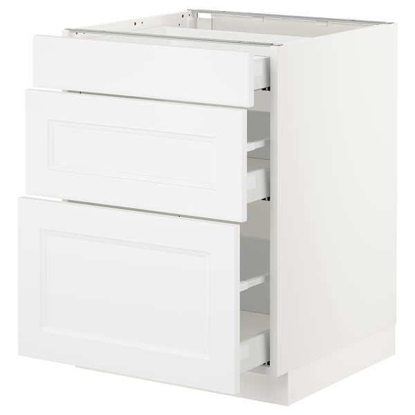 White SEKTION kitchen cabinet with three drawers. Modern design, fiberboard, and smooth-running drawers.