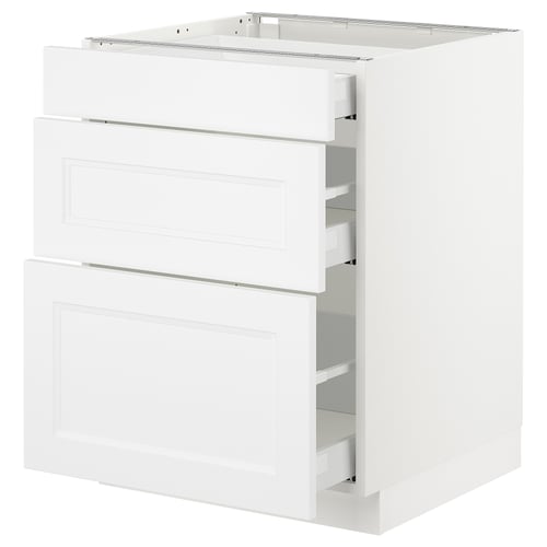 White SEKTION kitchen cabinet with three drawers. Modern design, fiberboard, and smooth-running drawers.