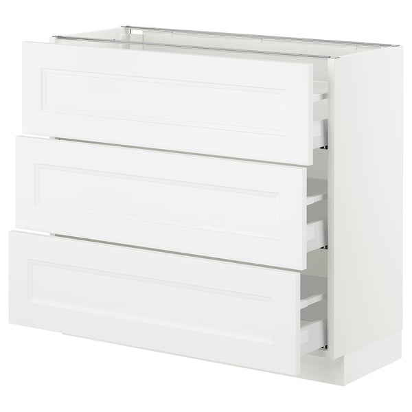 White SEKTION kitchen cabinet, three drawers, sleek modern design.