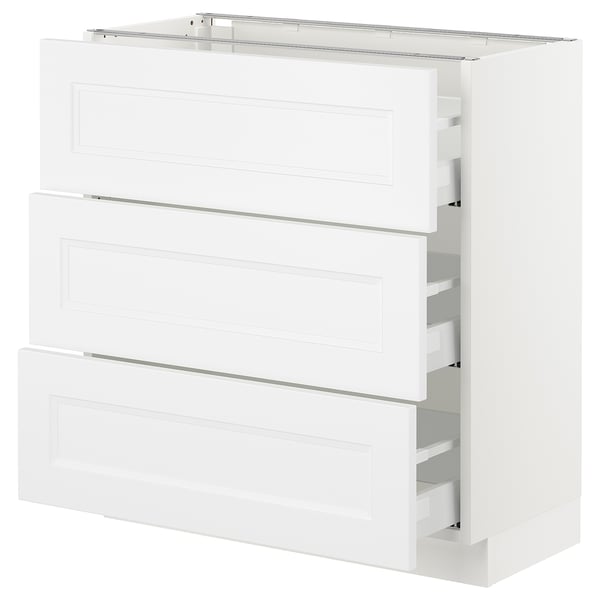 SEKTION white kitchen cabinets, sleek and modern design with three drawers and two doors.