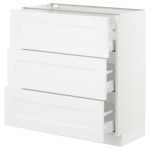SEKTION white kitchen cabinets, sleek and modern design with three drawers and two doors.