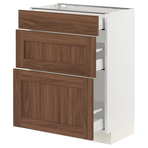 Ikea SEKTION kitchen cabinet in white with walnut-brown drawers.
