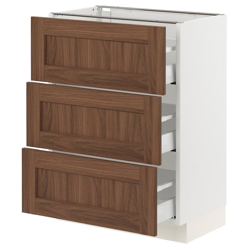 A white SEKTION kitchen cabinet with three dark wood-finished drawers.