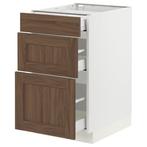 SEKTION kitchen unit: white base, dark wood drawers, classic style, three drawers, durable build.
