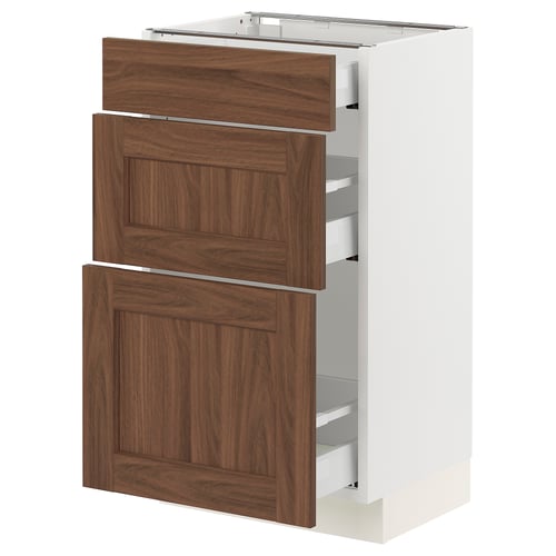 This image shows an ikea SEKTION kitchen cabinet with walnut finish and three drawers.
