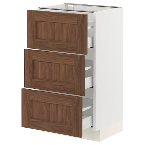 SEKTION walnut drawer unit, white cabinet base, three wooden drawers, modern kitchen storage.