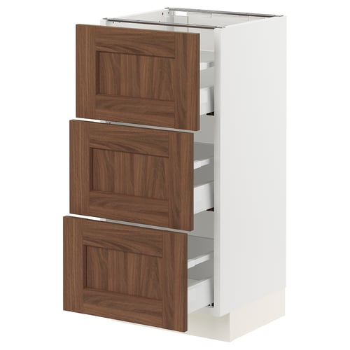 SEKTION kitchen cabinet, white, walnut drawer fronts. Three drawers, sturdy and stylish.