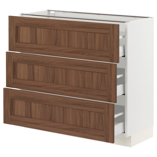 SEKTION kitchen unit in white and brown wood grain, three drawer design.