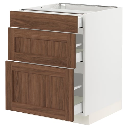 An ikea SEKTION kitchen cabinet with walnut-colored doors and a white frame. It has three drawers with a smooth, classic design.