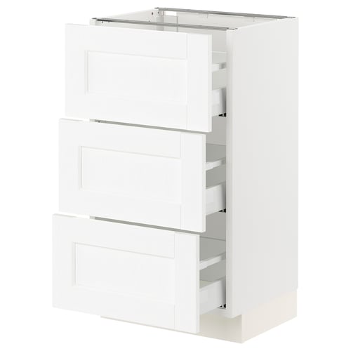 An ikea SEKTION kitchen cabinet in white with three drawers. The cabinet has a sleek, modern design with a smooth finish.