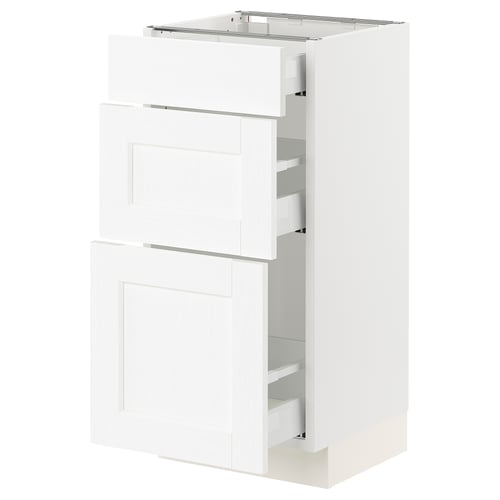 SEKTION white kitchen cabinet with drawers, angular design, durable wood material.