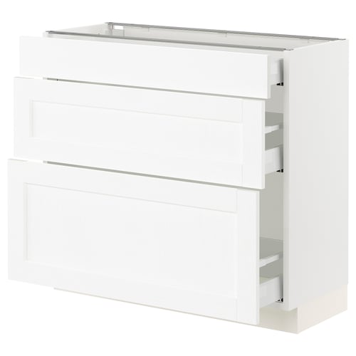 A white SEKTION kitchen cabinet with drawers. It a sleek, modern design with smooth-running drawers.