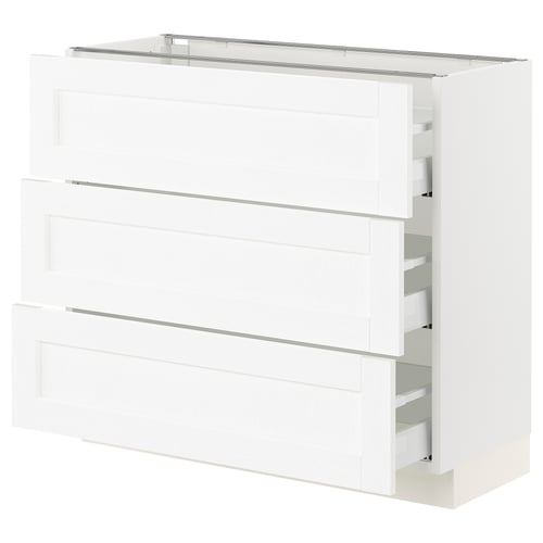 SEKTION white kitchen cabinet with drawers and shelves.