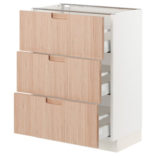 Ikea SEKTION kitchen unit in white with natural bamboo drawers, three large drawers with wooden handles.