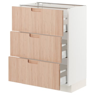 Ikea SEKTION kitchen unit in white with natural bamboo drawers, three large drawers with wooden handles.
