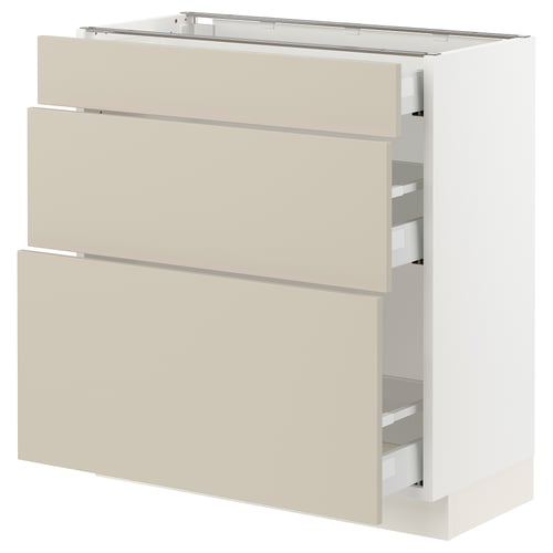 An off-white SEKTION kitchen cabinet with three drawers and a shelf, featuring a sleek, minimalist design.