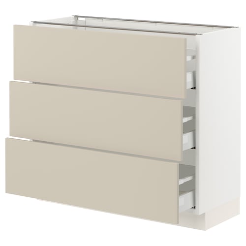 Modern beige kitchen cabinet with three drawers