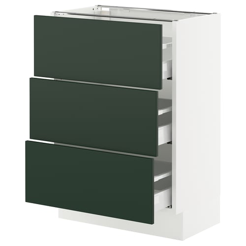 White cabinet with 3 green drawers, modern & sleek design.