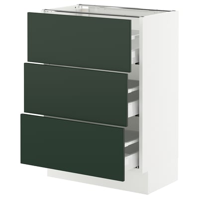 White cabinet with 3 green drawers, modern & sleek design.