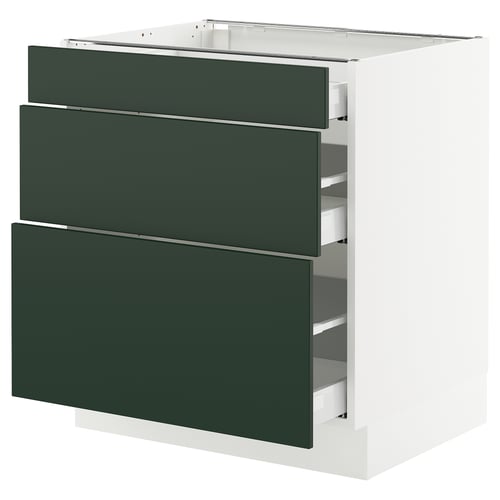 A SEKTION kitchen cabinet with three dark green drawers, a sleek modern design, and sturdy construction.