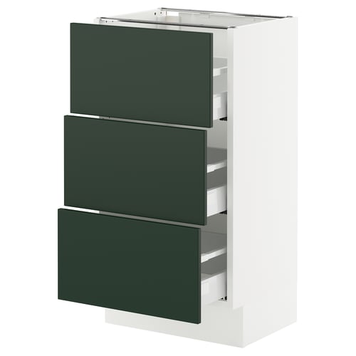 Modern kitchen cabinet in white with three green drawers, sleek design, sturdy frame, smooth drawer function.