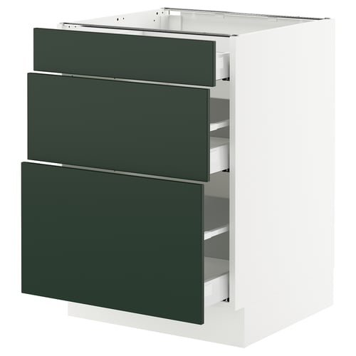 A SEKTION kitchen cabinet with three dark green drawers and a white frame, arranged vertically.