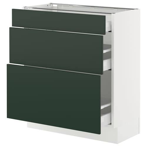 Modern kitchen cabinet, SEKTION model, in deep green with three drawers, sleek design, sturdy frame, white finish.