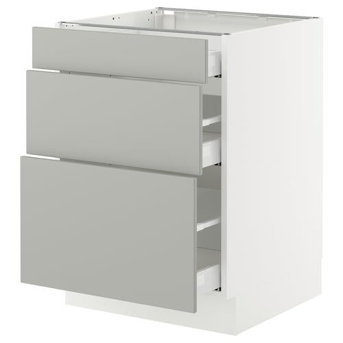 Modern light grey kitchen cabinet with three drawer sets, clean design, smooth finish.
